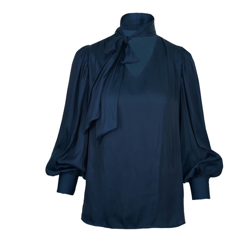 Navy blue V-neck tied with a large ribbon knot, pullover shirt